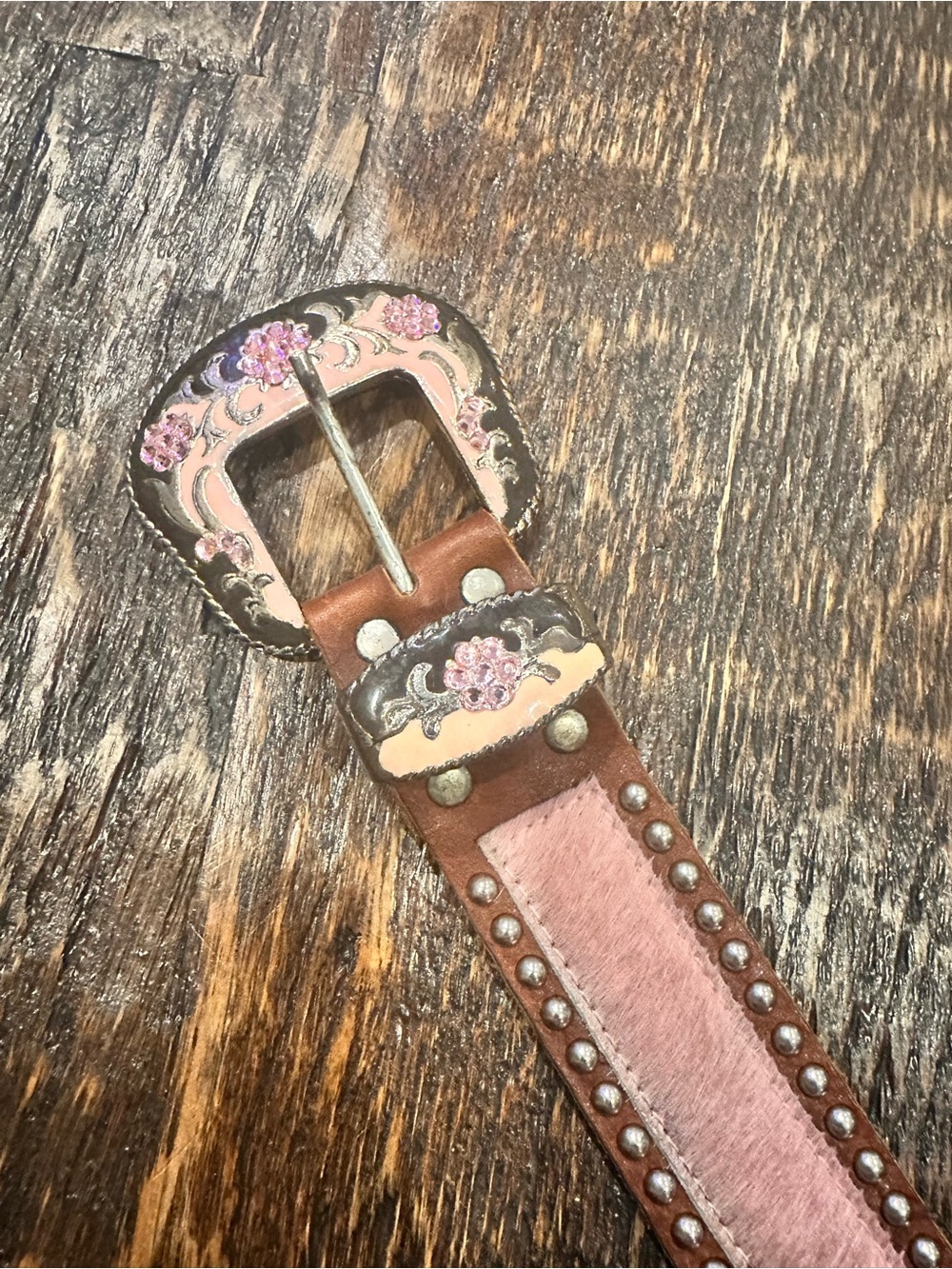 Leatherock Brown Leather Belt with Pink Accents and Floral Buckle
